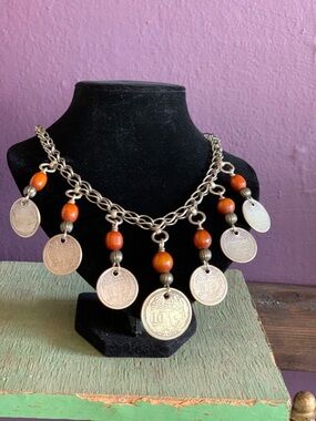 Boho Coin & Amber Bead Statement Necklace